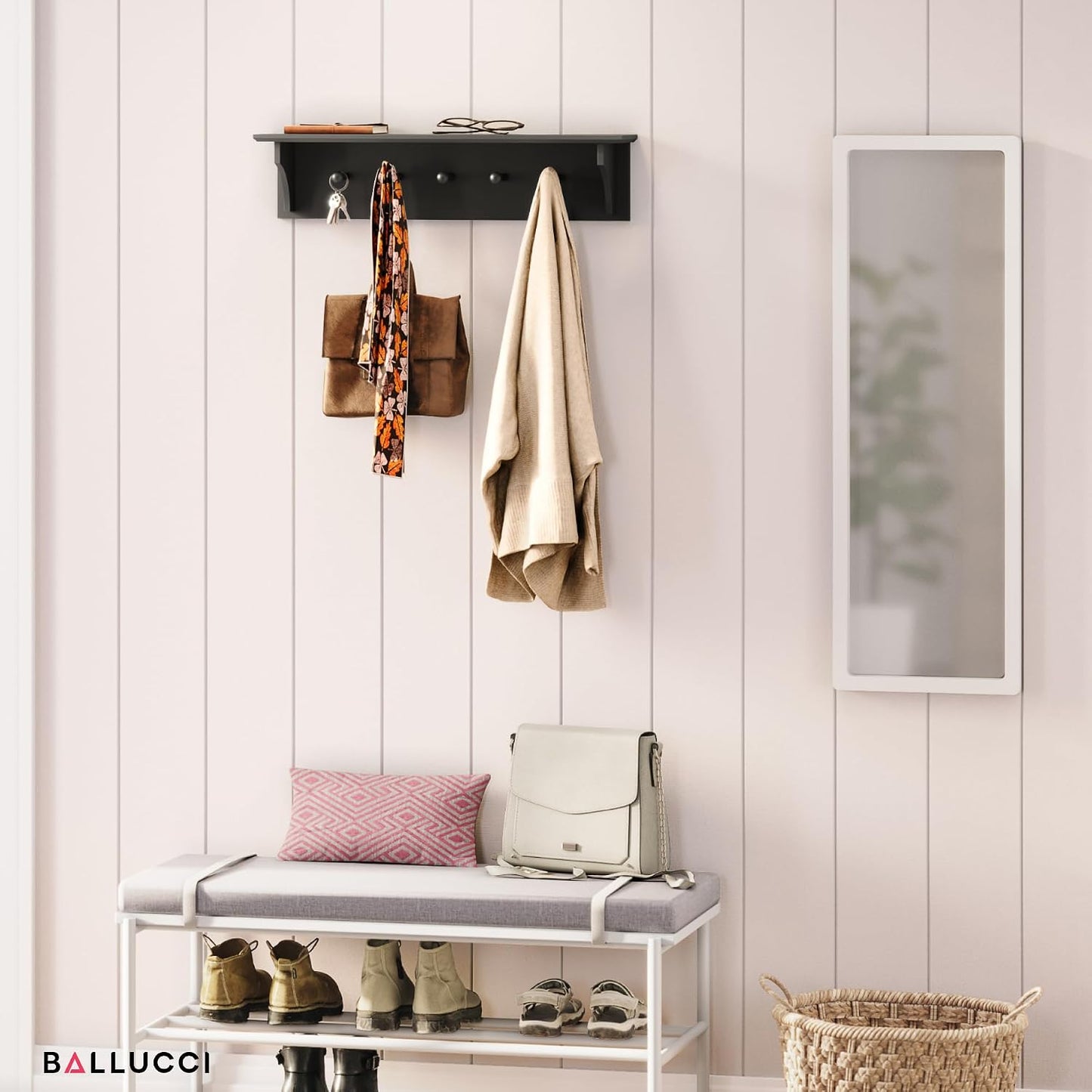 Ballucci Floating Coat and Hat Wall Shelf Rack, 5 Pegs Hook, 24", Black