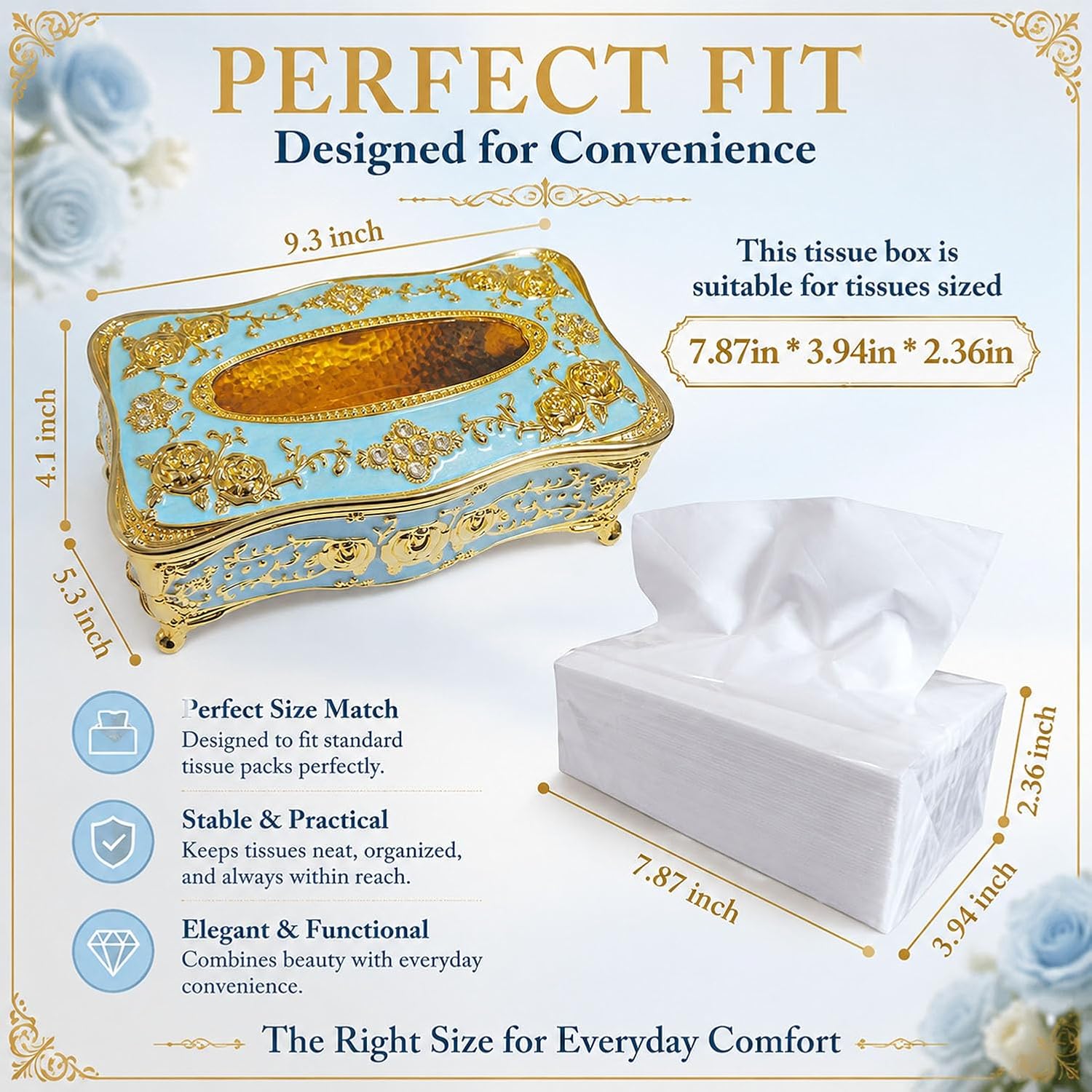 European-Style Vintage Tissue Box Cover / Gold&blue