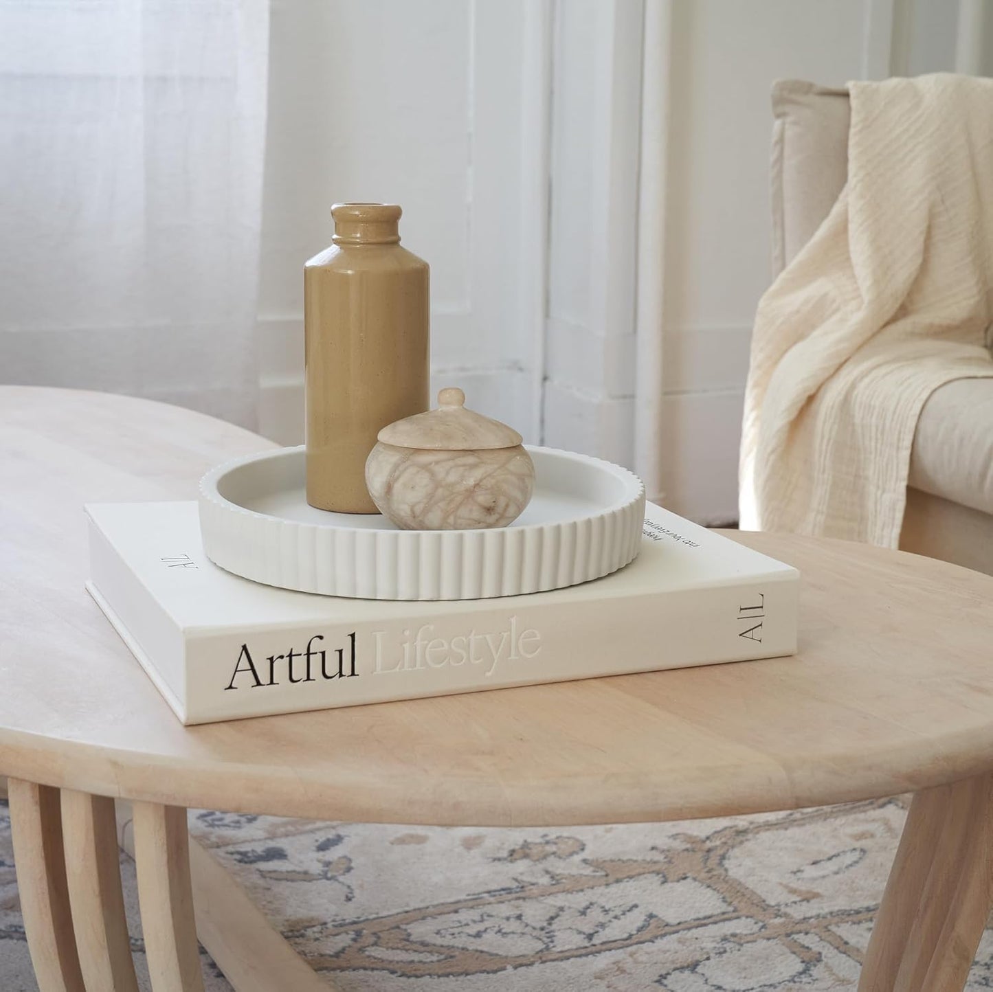 Scalloped Tray & Linen Box Coffee Table or Bookshelf Decor / Beige