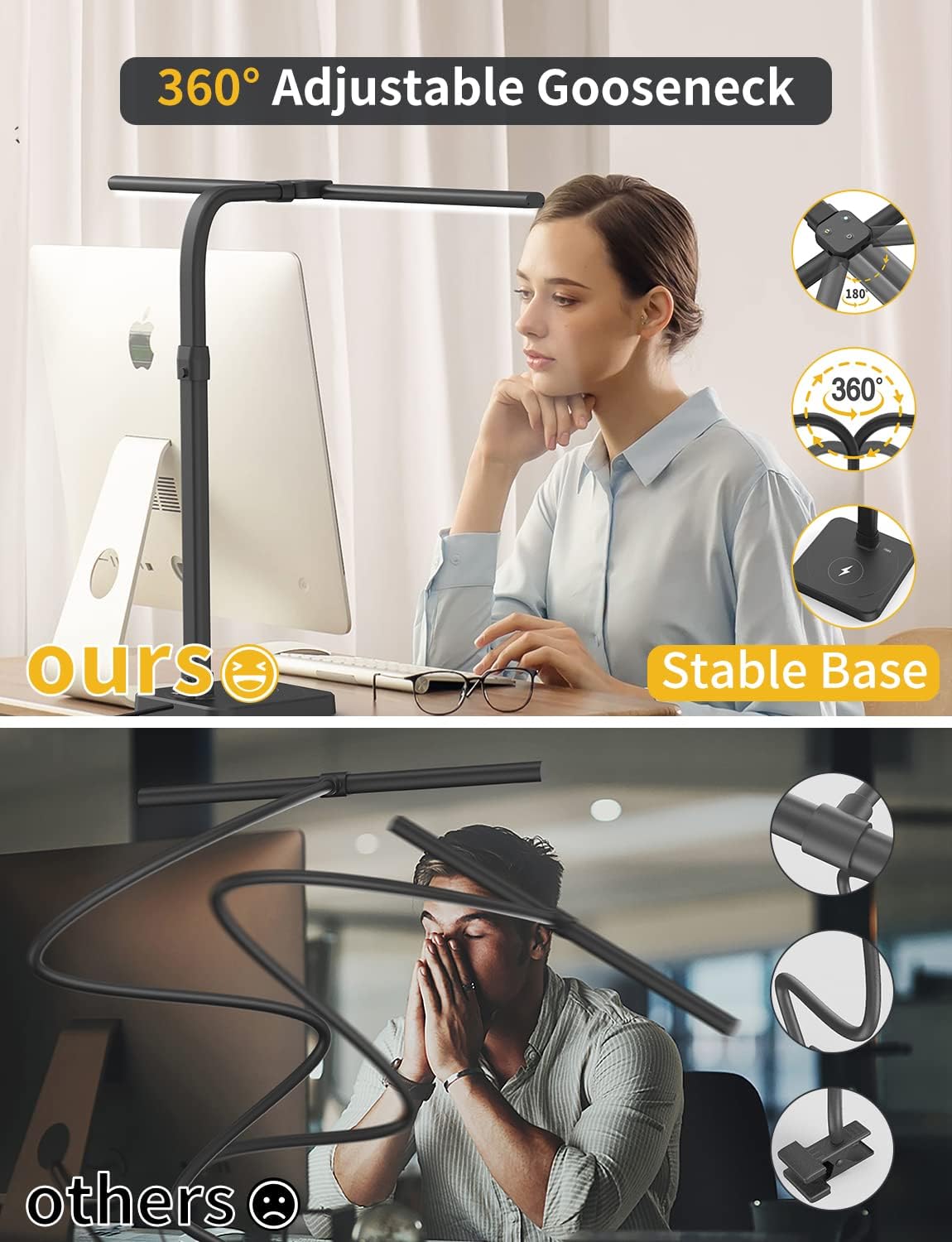AKRRYR LED Desk Lamp for Home Office, Double Head 24W with Base, Architect Light 5 Lighting Brightness Flexible