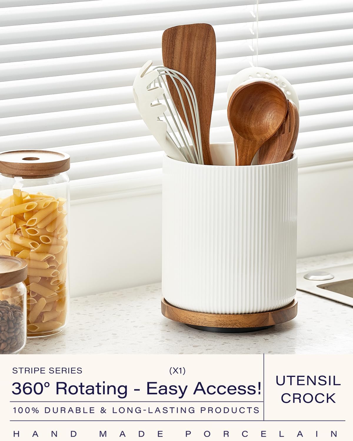 getstar Extra Large Rotating Utensil Holder for Kitchen Counter, 7.9" Ceramic Utensils Crocks Set for Countertop Large