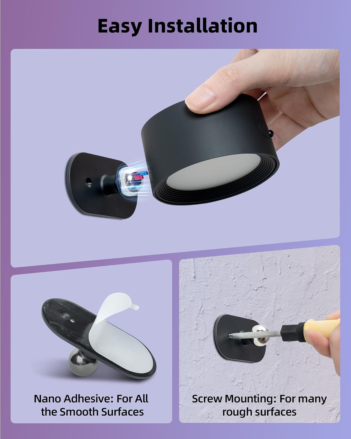 LED Wall Mounted Lights, Rechargeable Wall Sconces, 3 Color Temps, Remote & Touch, 360° Rotating and Dimmable for