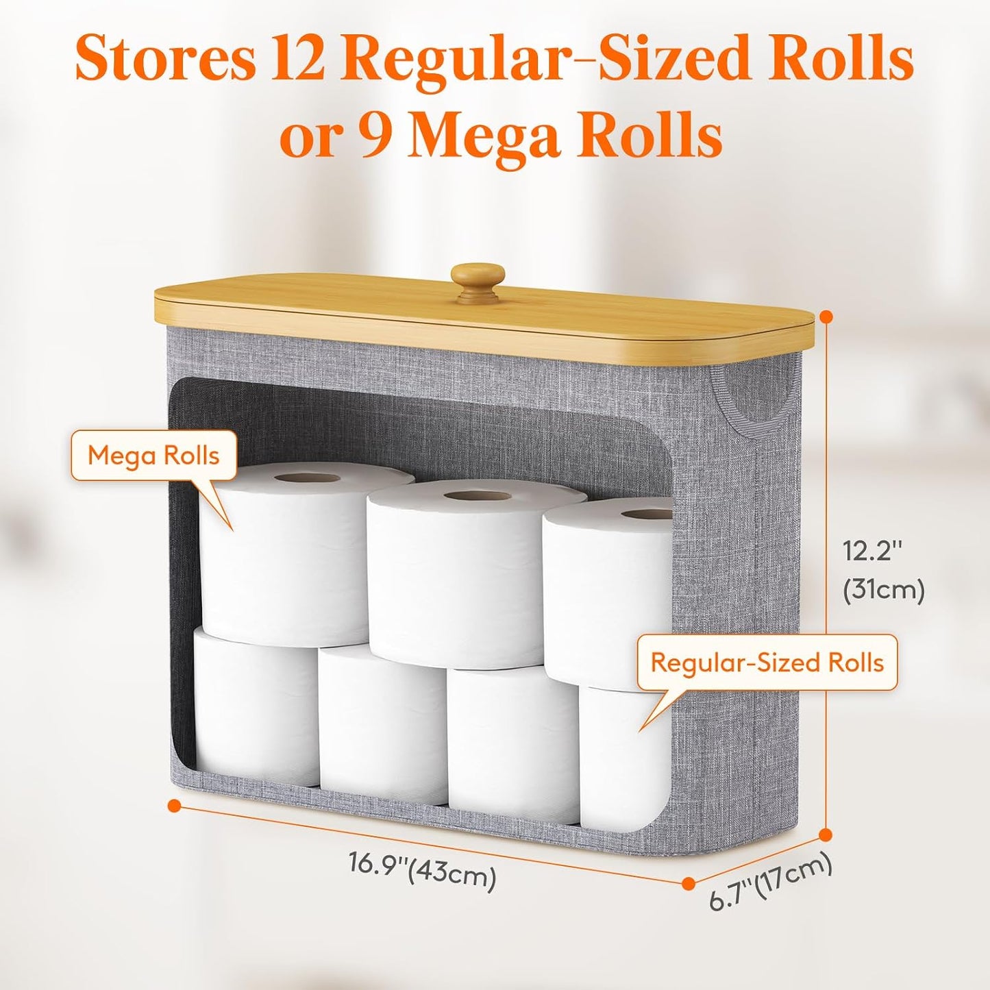 Lifewit Toilet Paper Storage Holder, Large Stand Basket, 23L, Light Gray | 9 to 12 Rolls, Large Paper Stand with Bamboo