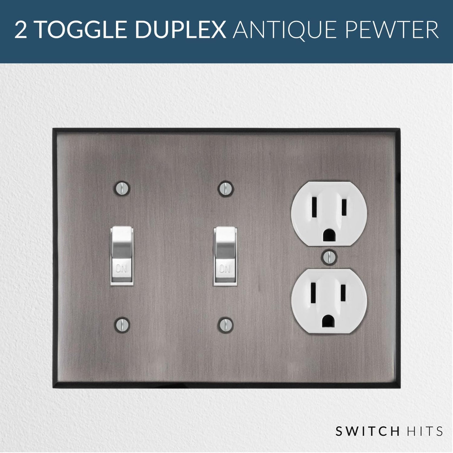 Antique Pewter Outlet Wall Plate | 2 Toggle - 1 Duplex | 6.25" x 4.5" | Hand-Polished Brass Construction | Electrical