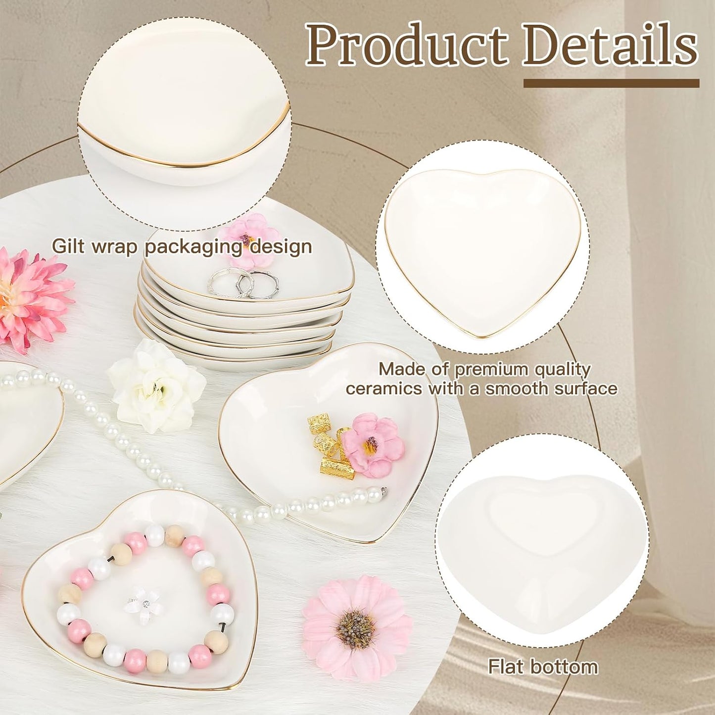 Ceramic Jewelry Tray Heart Jewelry Dish for Women / White Heart Shape / Set of 8