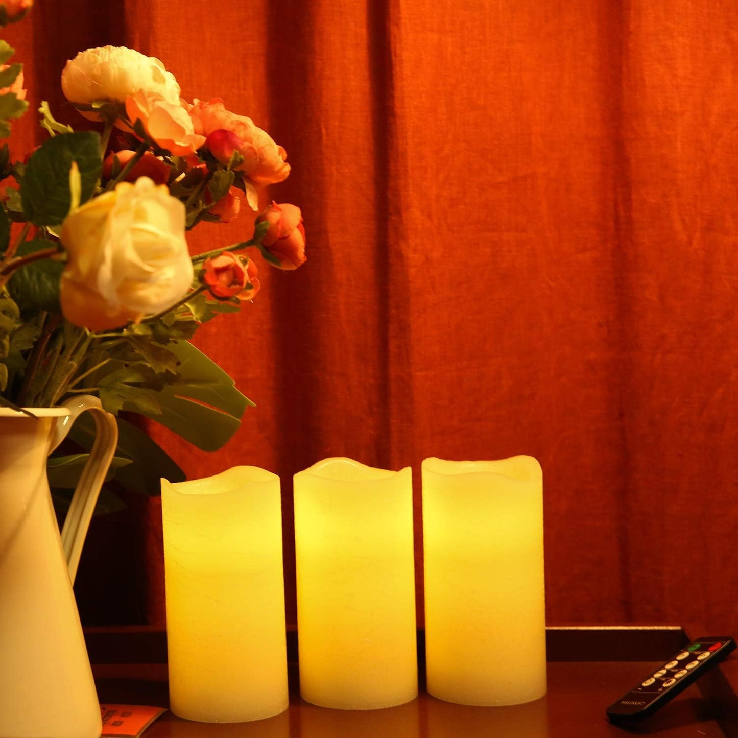 H-BLOSSOM Flameless Candles Battery Operated Real Wax Pillar LED Candles with 10 Key Remote Control Cycling 24 Hours