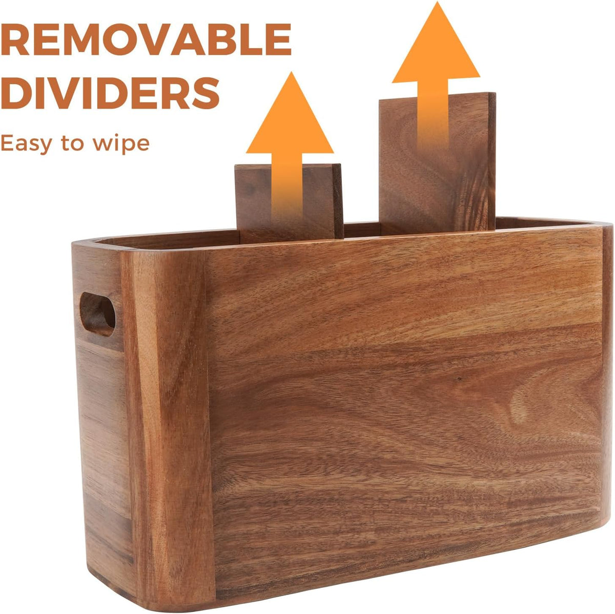 Large Acacia Wood Utensil Holder with 3 Compartments for Kitchen Counter, Extra Large Farmhouse Wooden Utensil