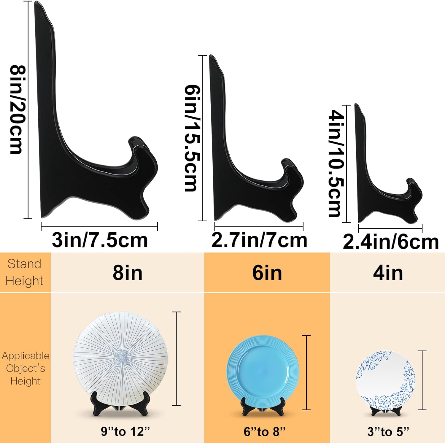 Wooden Display Stand Decorative Plate Holder Picture / 4 Inch, 6 Inch, 8 Inch / Black / Set of 3