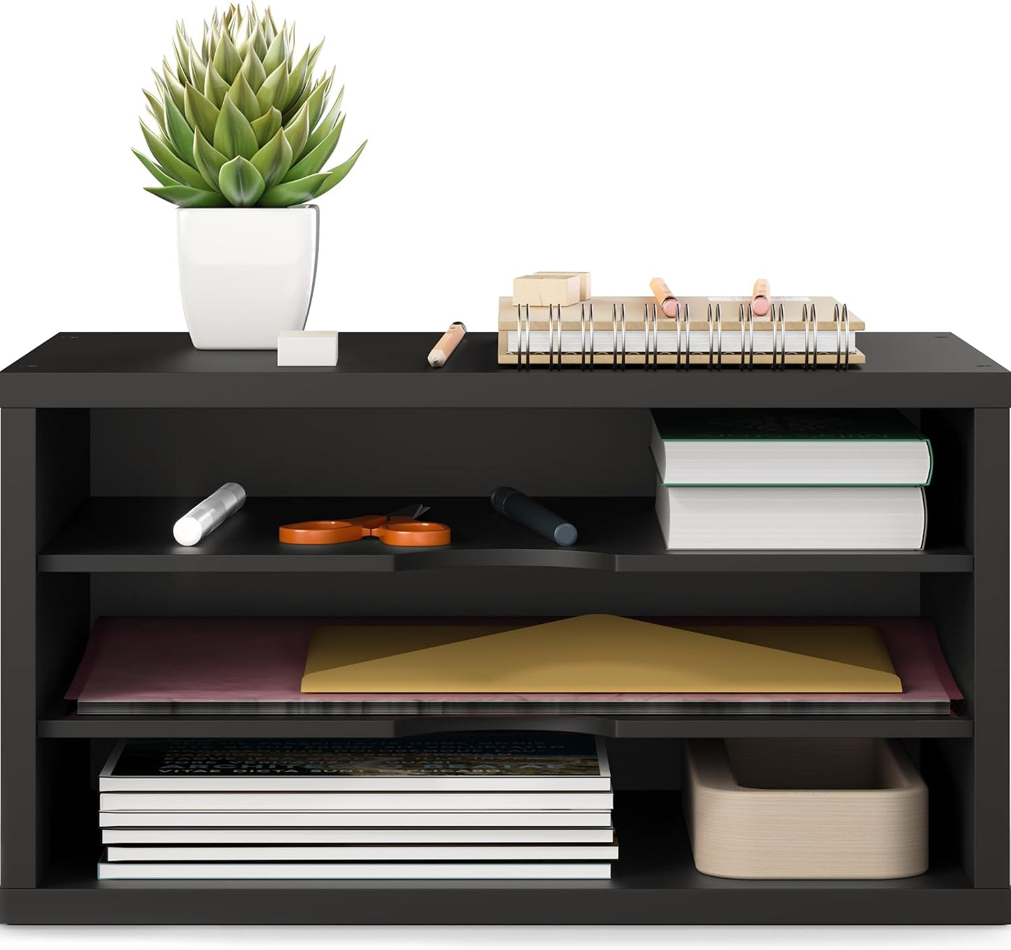 Ballucci File Organizer, 3-Tier Document Paper Sorter, Stackable Wood Desk Organizer, Mail Sorter and Monitor Stand
