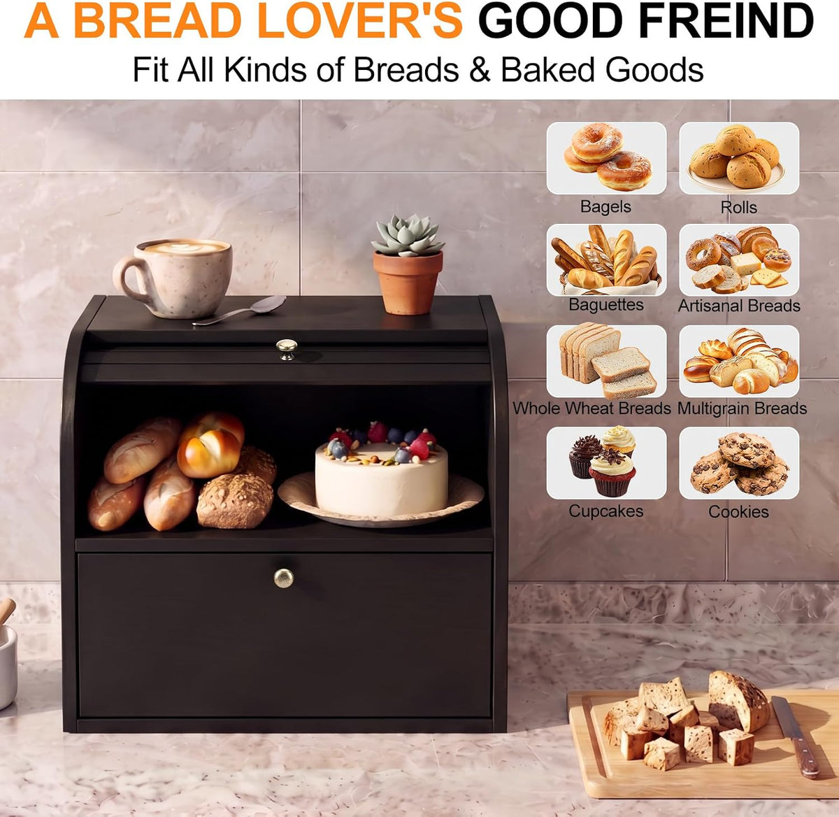 Alpeir Roll Top Bread Box with Cutting Board for Kitchen Countertop, Black | Large Breadbox with Ventilation Holes