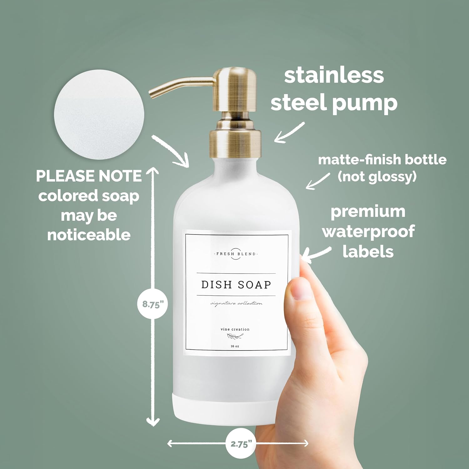 Vine Creations White Glass Soap Dispenser, 2 Pack Kitchen Soap Dispenser Set with Stainless Steel Pump, 16 oz Dish Soap