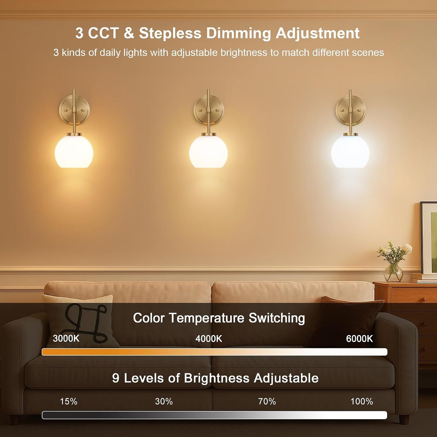 Gold Battery Operated Wall Sconce Set of 2, Wireless Rechargeable Sconces Wall Lighting with Remote Control, LED