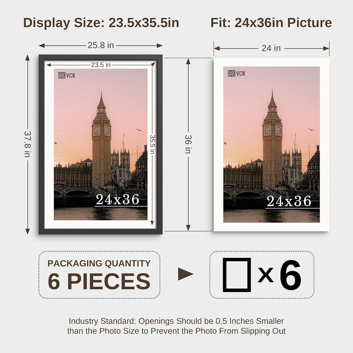 VCK 24x36 Poster Frames Black - 6 Pack, Wide Border Wood Picture Frame, Multi-Directional Display Family Photos, Office