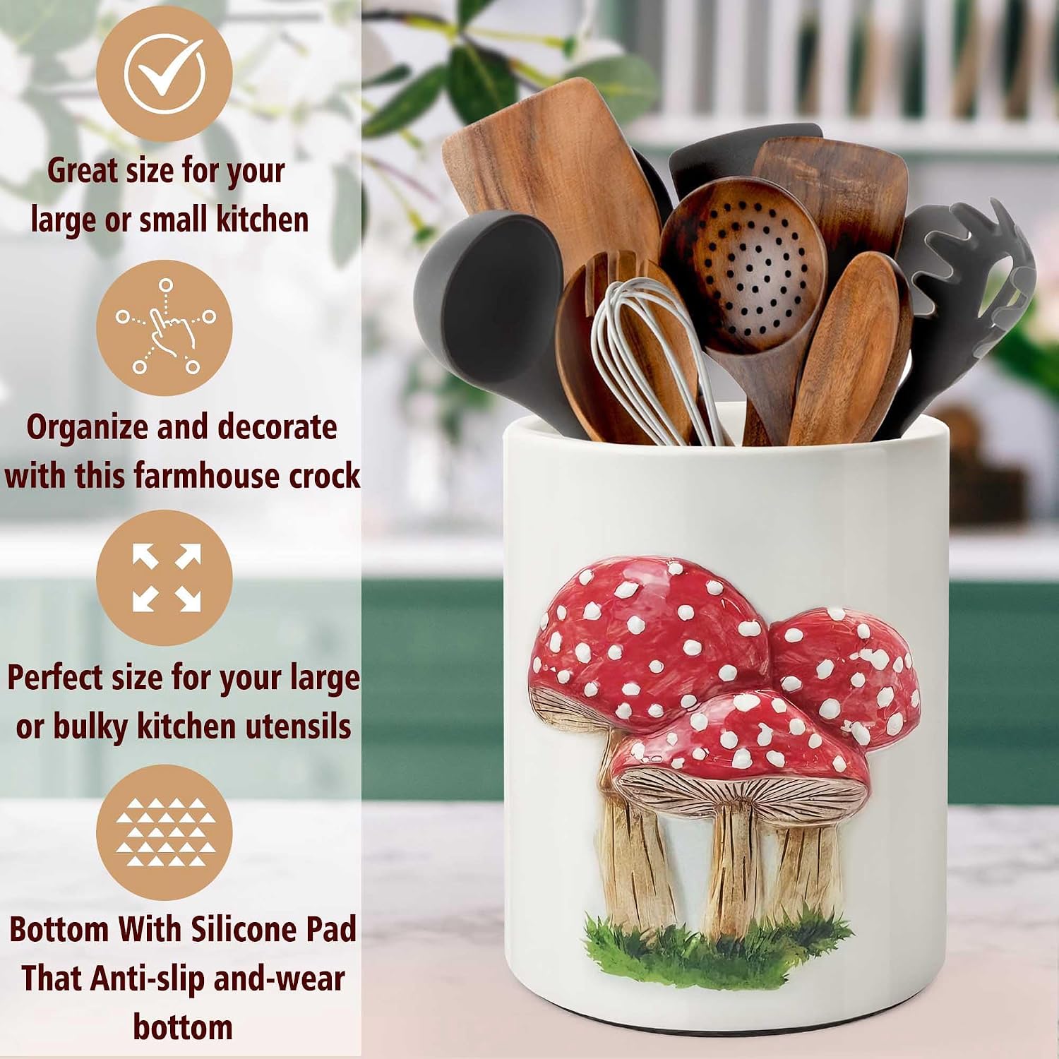 Embossed Kitchen Decor Ceramic Utensil Holder / Mushroom
