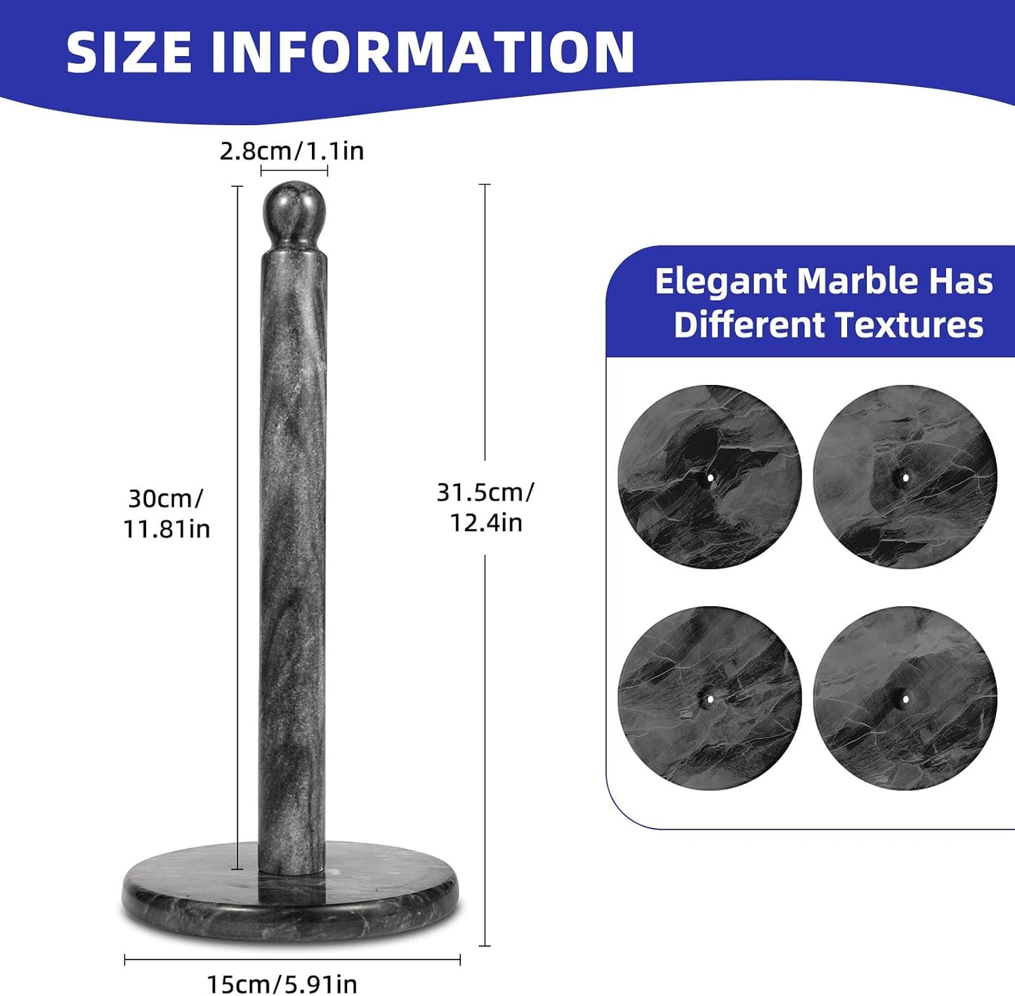 Natural Marble Paper Towel Holder for Kitchen Countertop - 2.6 lbs Heavy Duty Weighted Base for One-Handed Tearing