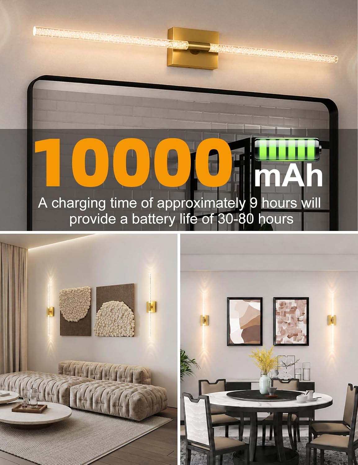 Rechargeable Wall Sconces Set of 2, Gold Crystal Bubble Wireless Wall Light | 10000mAh, Remote Control, 3000K-6000K