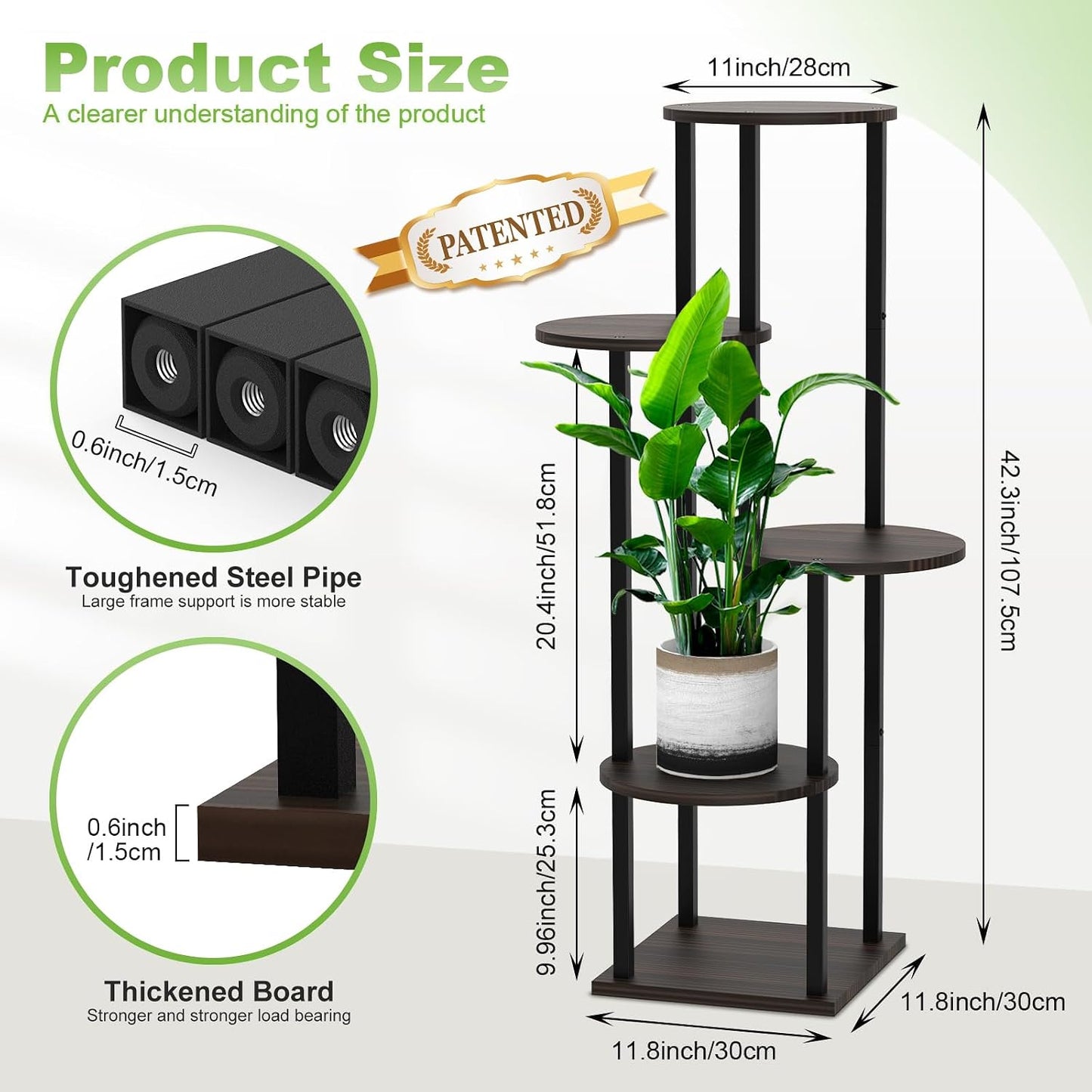 5 Tier Wood Tall Plant Stand Metal Rack Indoor, Multiple Flower Pot Holder Shelves Corner Rack, Round Planter Shelf
