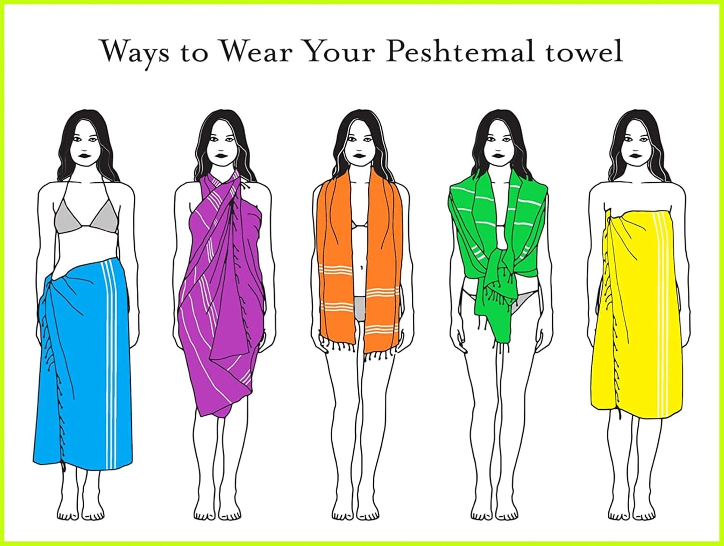 Turkish Beach Towel, Set of 6, 72" L x 40" W, 100% Cotton | Oversized, Absorbent, Quick-Drying | Sand Free, Reversible
