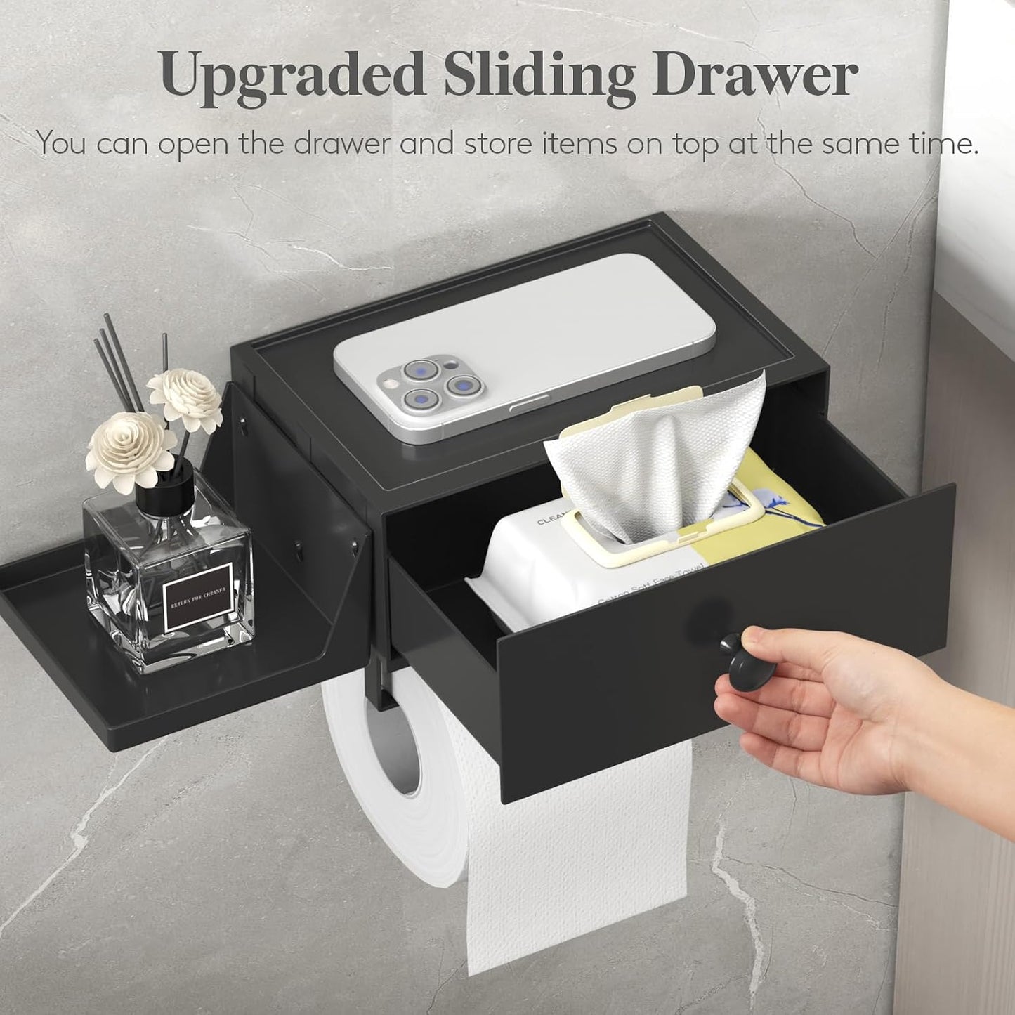 Lifewit Toilet Paper Holder Wall Mount with Shelf & Drawer, Black, 2 Pack | Screw or adhesive installation, sturdy