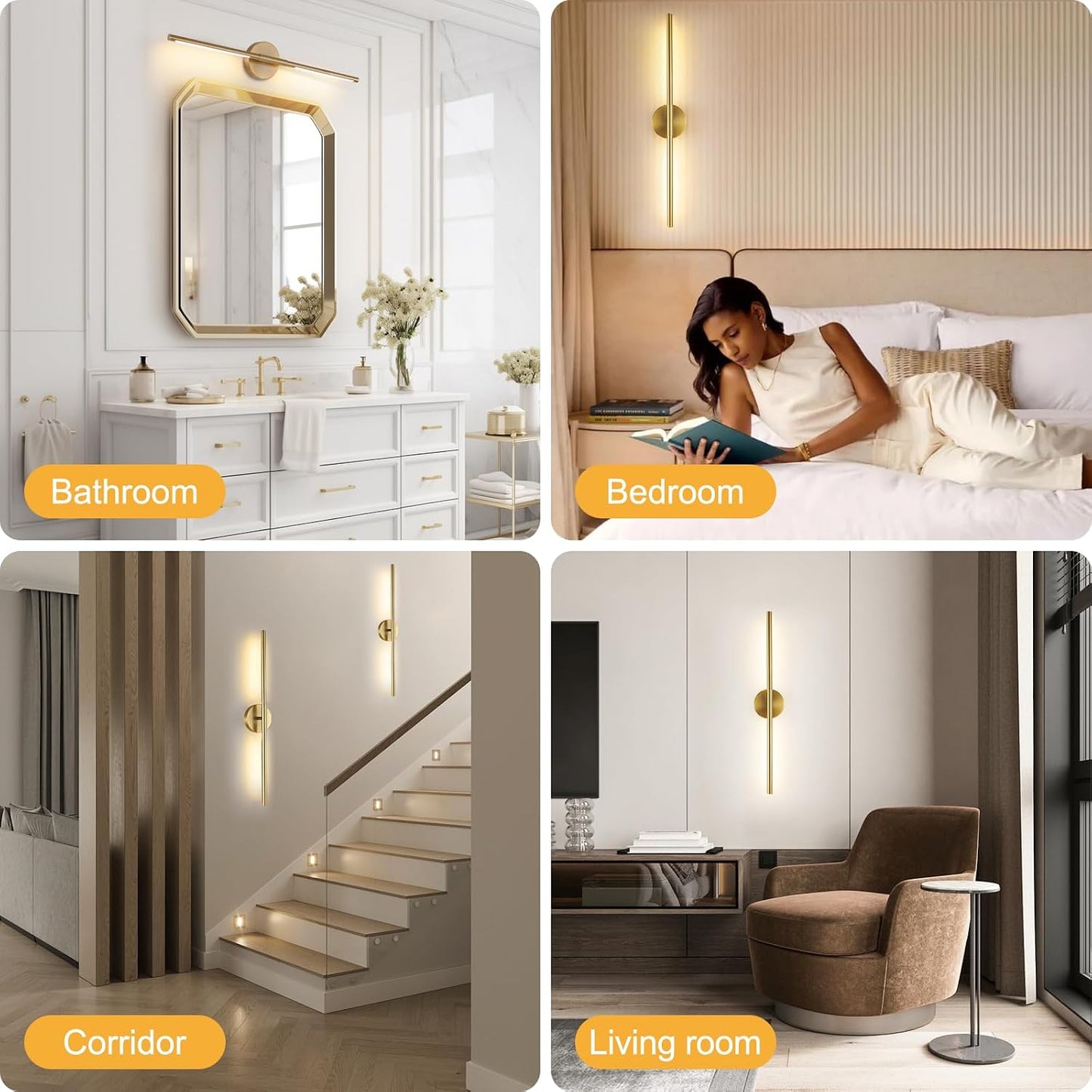 Wireless Battery Operated Wall Sconces with Remote, Gold Rechargeable Led Wall Lights Set of Two, Cordless Dimmable