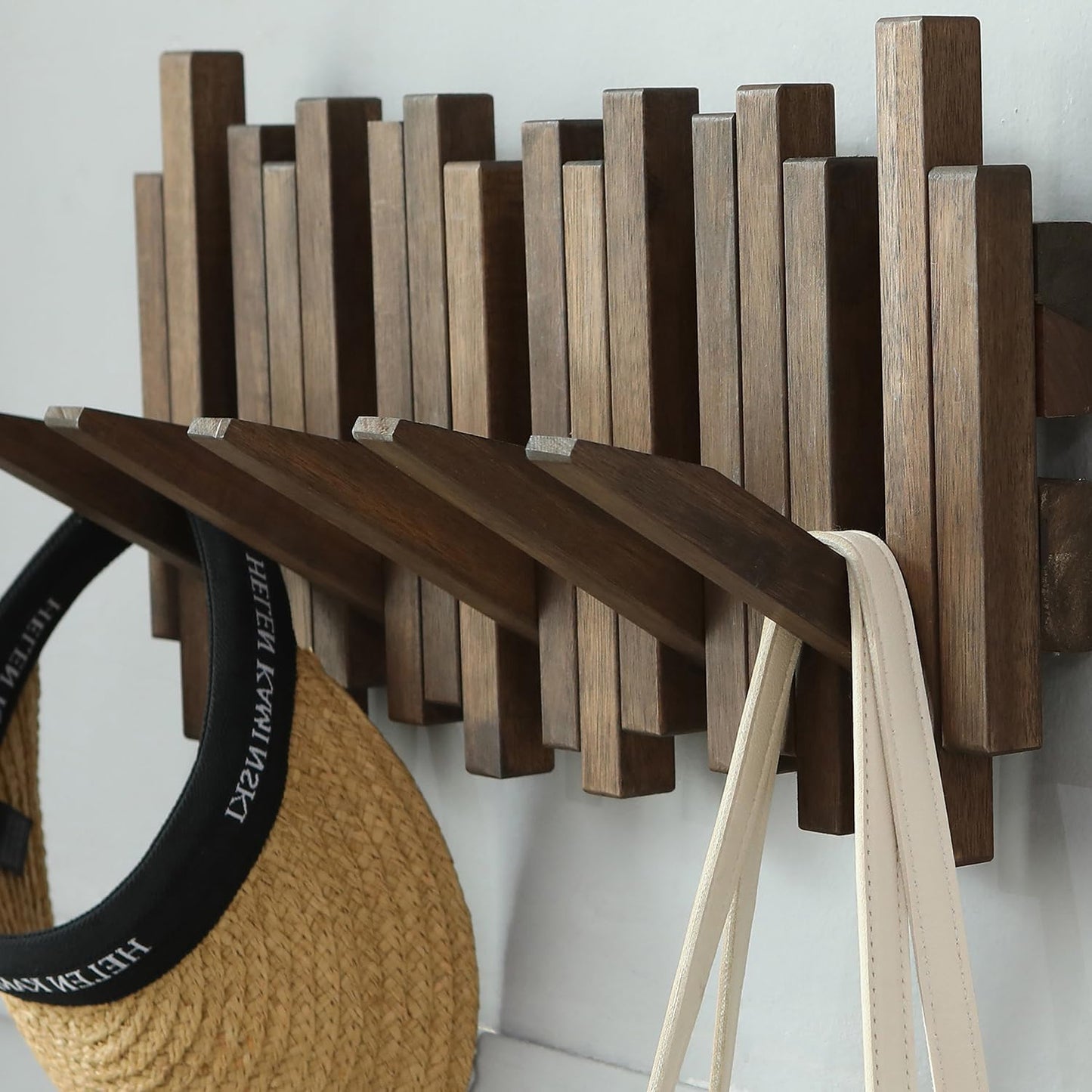 Natural Wood Wall Mounted Piano Coat Rack| Coat Rack Wall Mount| Flip Down Wall Hook Rack 5 Hooks| Entryway Coat