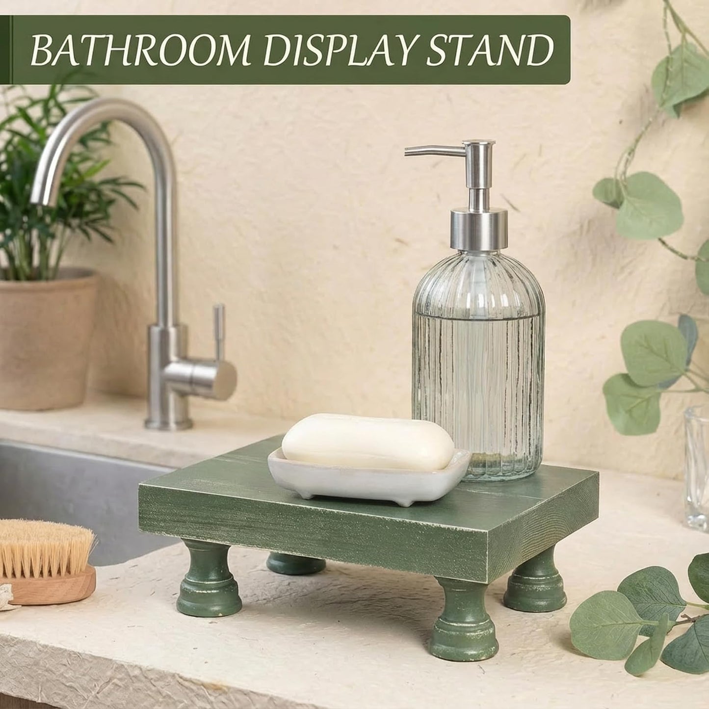 EOSAHR Square Wood Riser & Display Stand for Kitchen Counter, Green | Pine Wood, 8.5" Decorative Riser, Plant Display