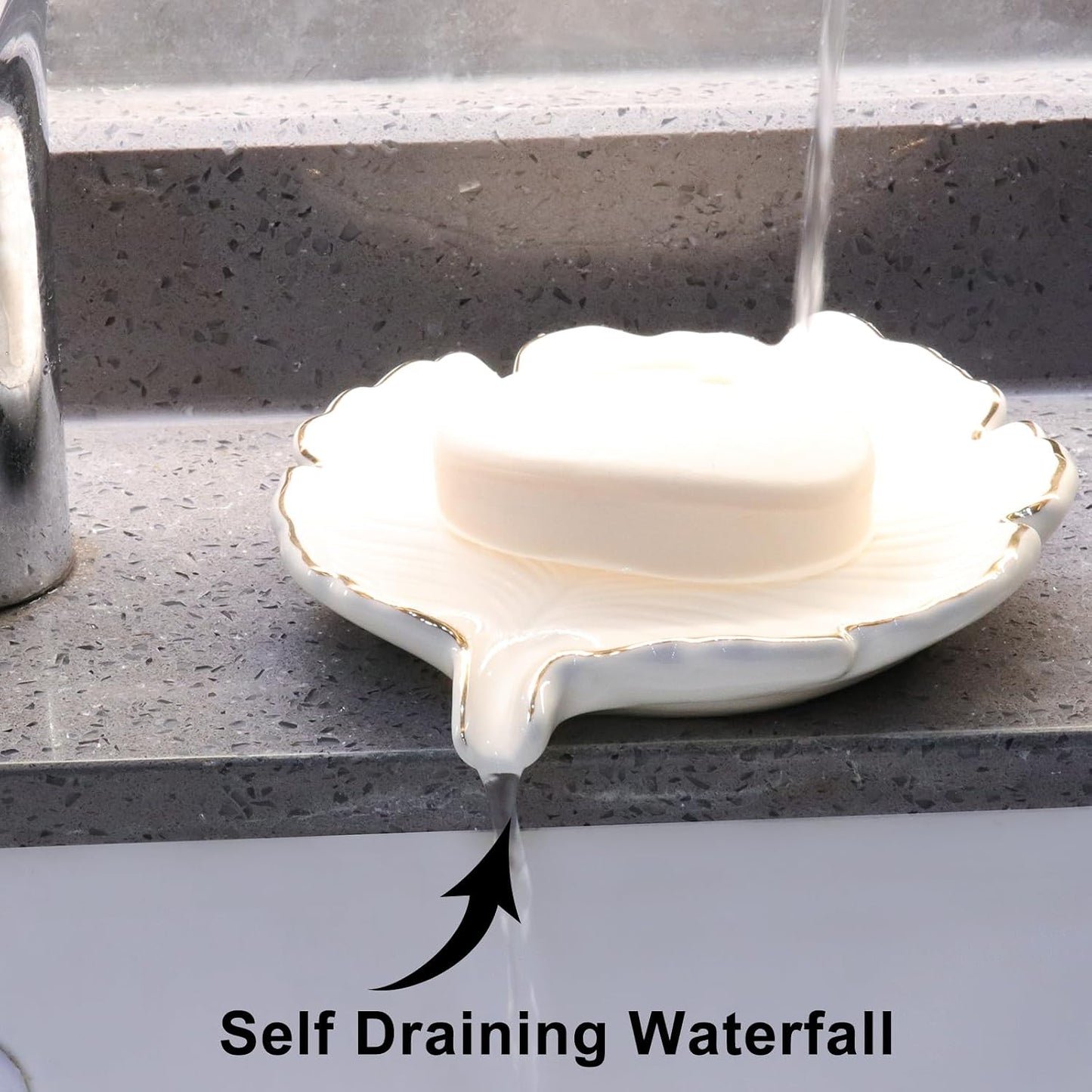 Ceramic Soap Dish Holder in Palm Leaf Style / White