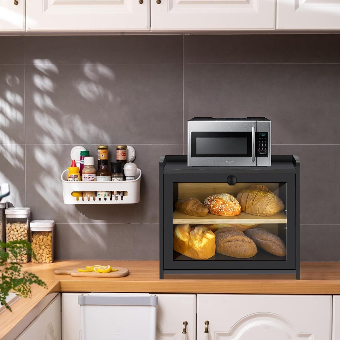 Bamboo Bread Box for Kitchen Countertop, Large Bread Storage Container Bin 2 Layer Breadbox Holder for Kitchen Counter