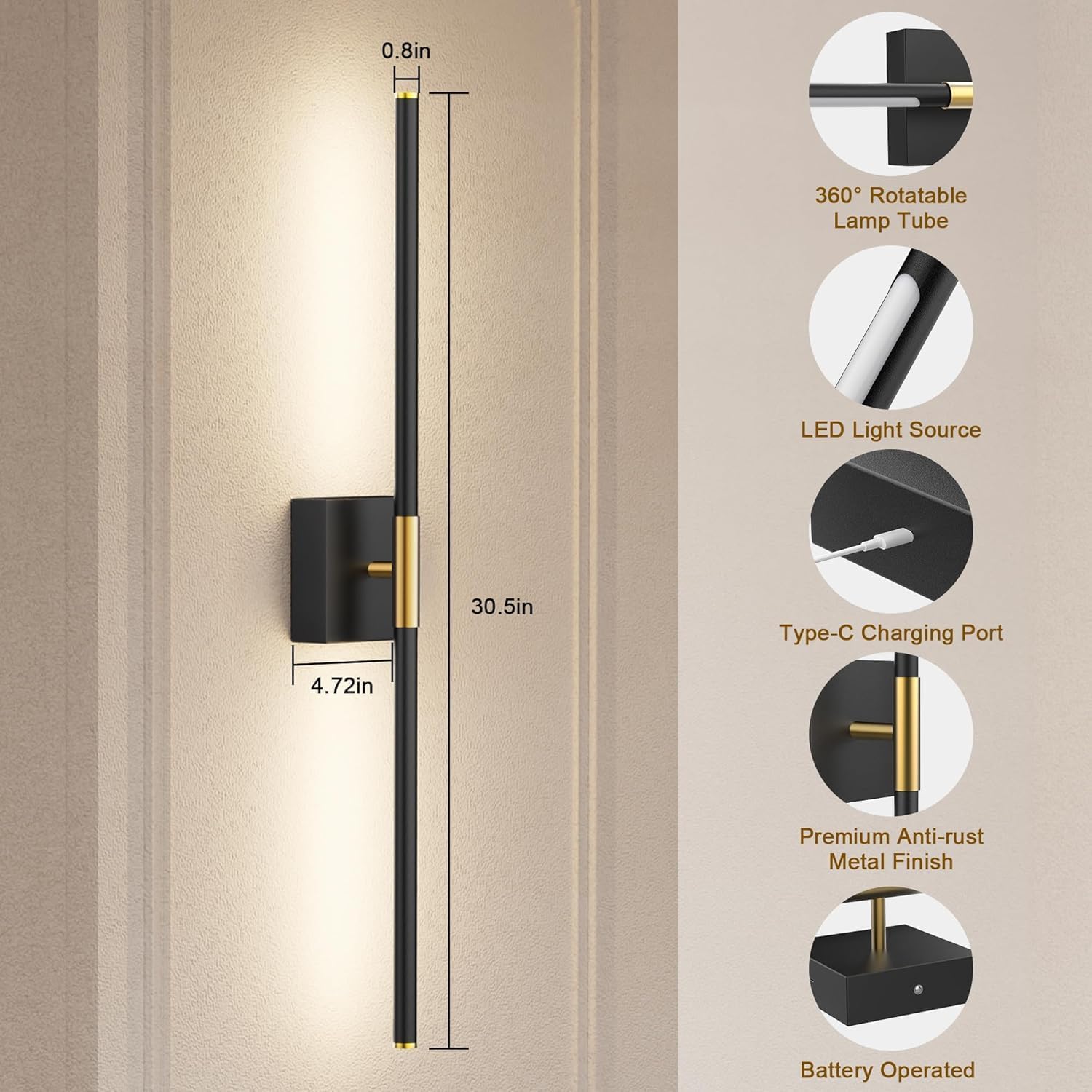 SAIMAND Battery Operated Wall Sconces Set of 2, Wireless Lights with Remote | USB Rechargeable Picture Lamp, 360°
