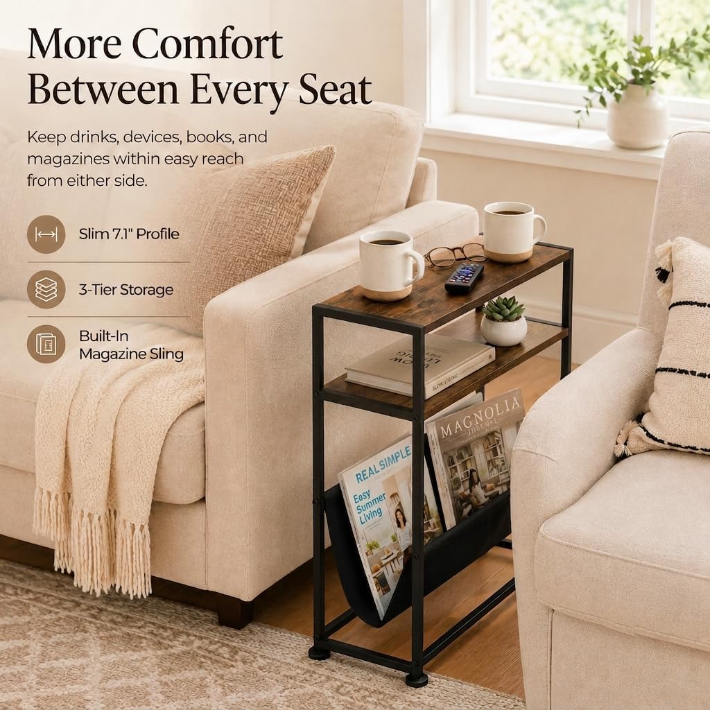 Narrow End Table with Magazine Rack, 2-Tier Slim Side Table for Small Spaces, Industrial Nightstand with Storage Sling