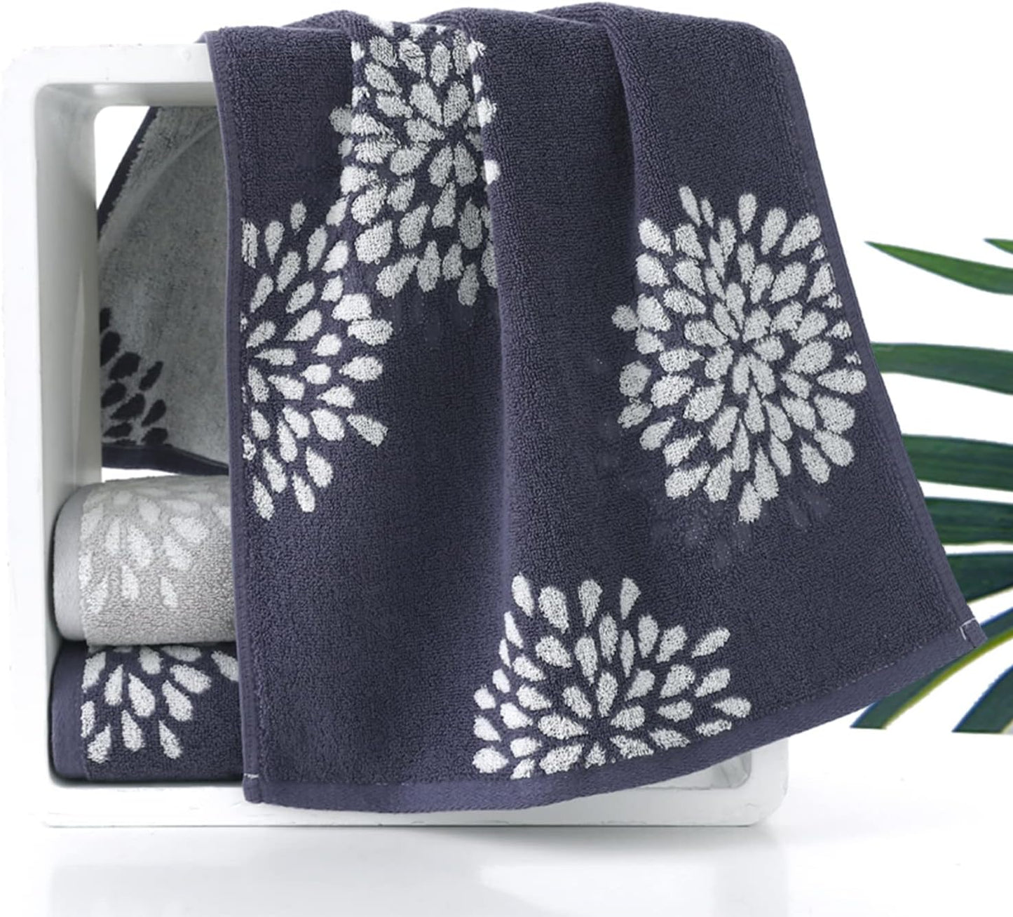 Hand Towels Set of 4 Hydrangea Floral Pattern 100% Cotton Absorbent Soft Decorative Towel for Bathroom (Denim Blue)