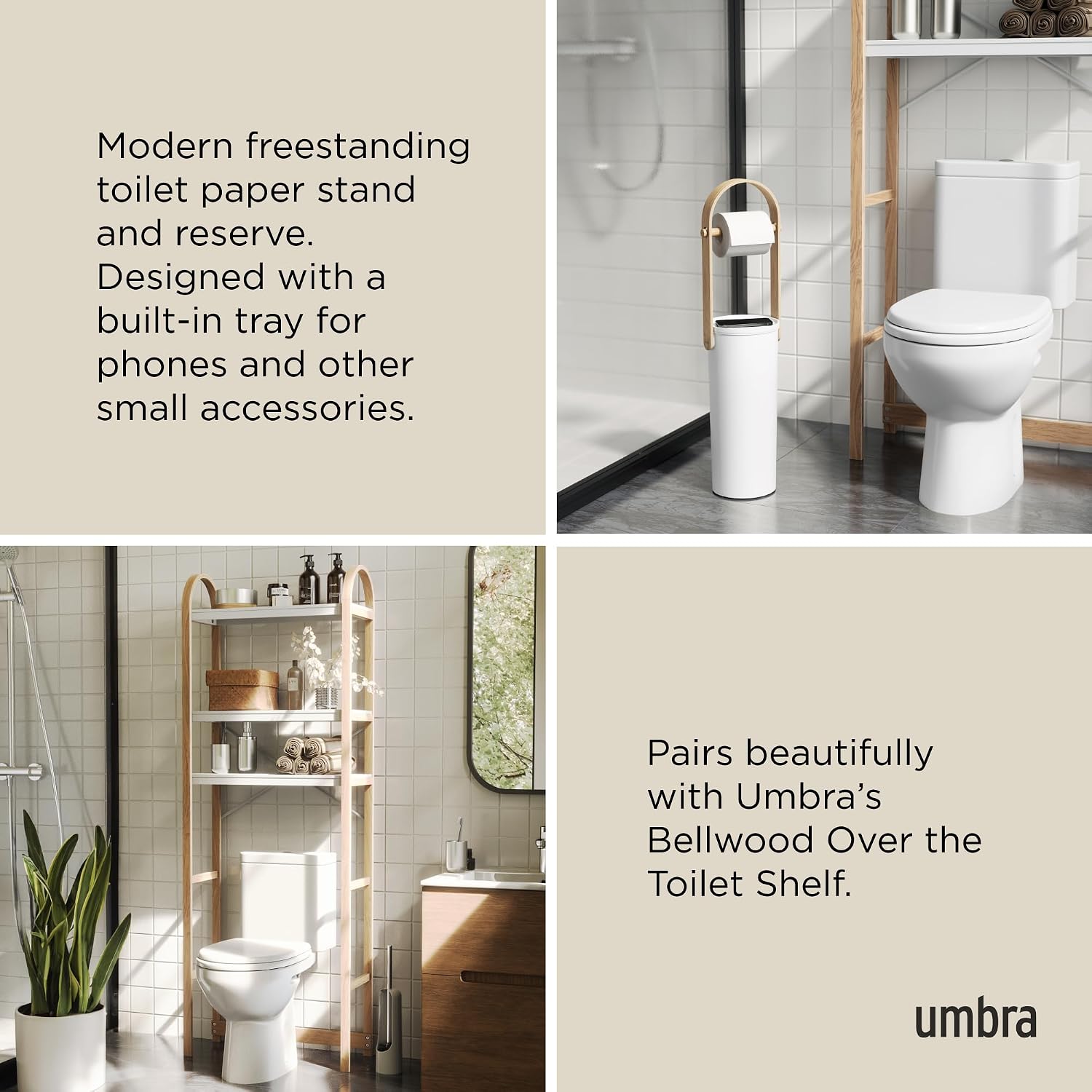 Umbra Bellwood Toilet Paper Holder, with Storage, 3 Rolls, White/Natural | Wood accents, compact for small spaces