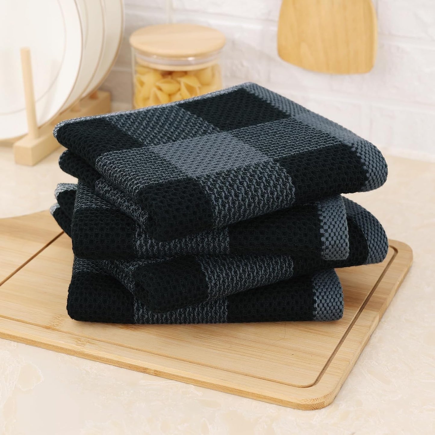 Mordimy Cotton Waffle Weave Kitchen Towels, 13"x 28", 8 Pack, Black & Grey | Super Soft and Absorbent Buffalo Check