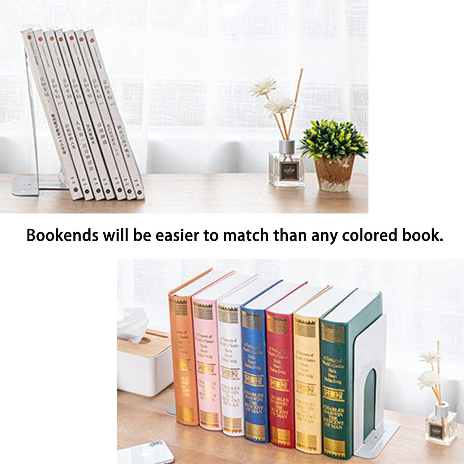 Metal Bookends / Book Shelf Holder Home Decorative / 4 Pair / White / 6.5 x 5