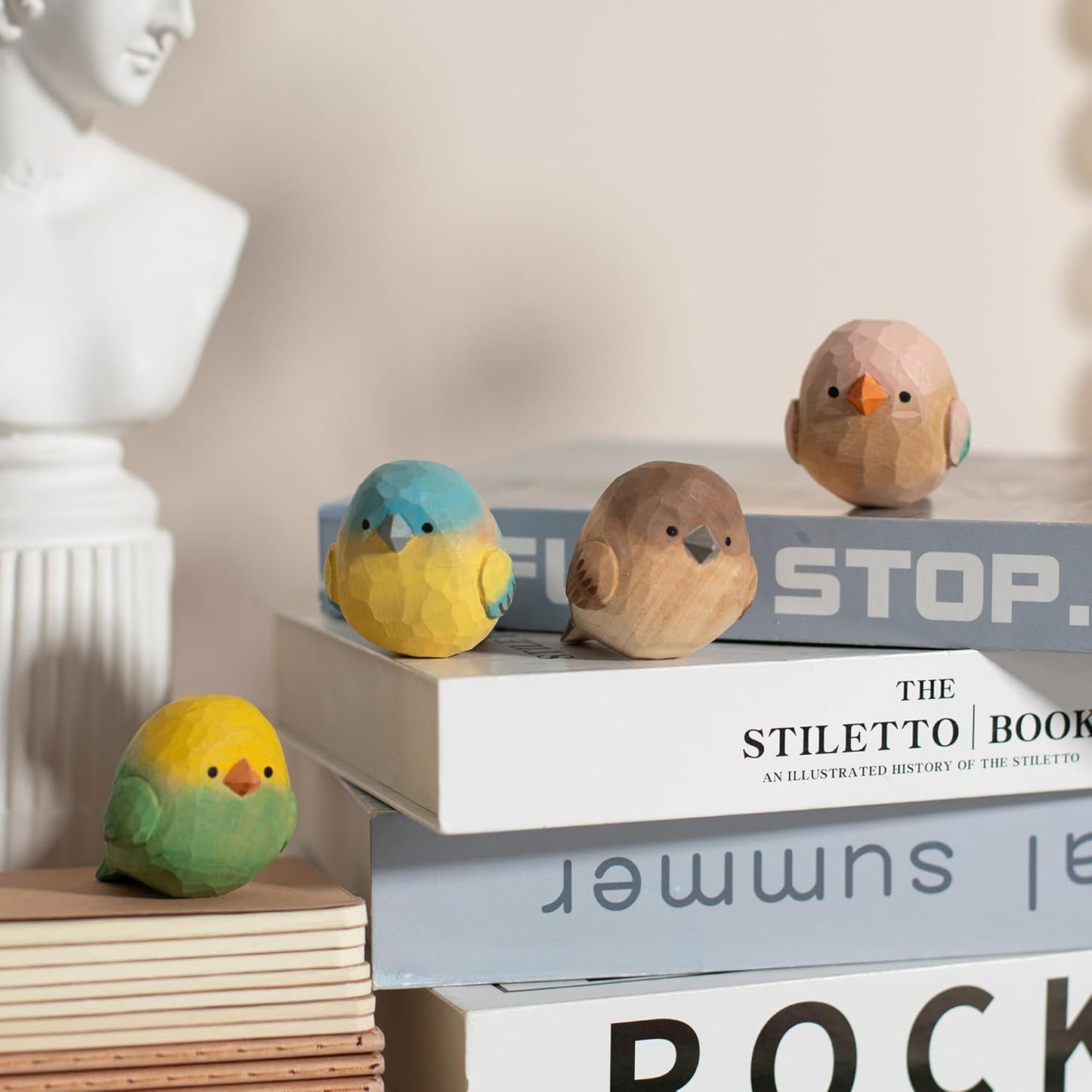 Hand-Carved Wooden Bird Figurines / Set of 4