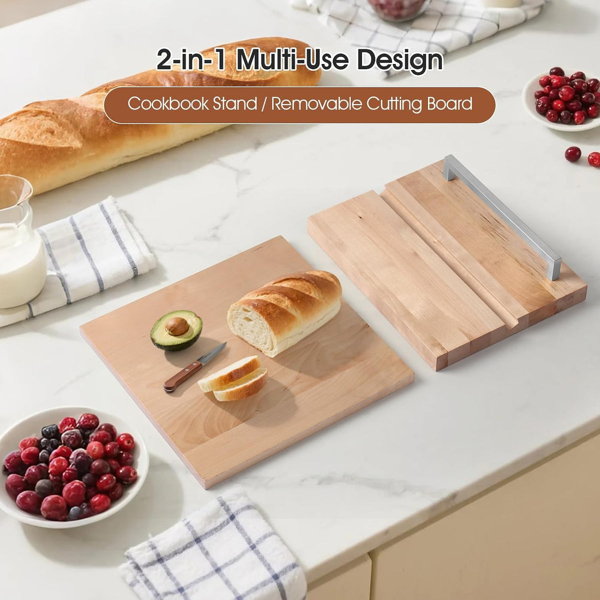 Cookbook Stand with Removable Cutting Board,Keeps Pages Open While Cooking | Recipe Book Holder Silver for Kitchen