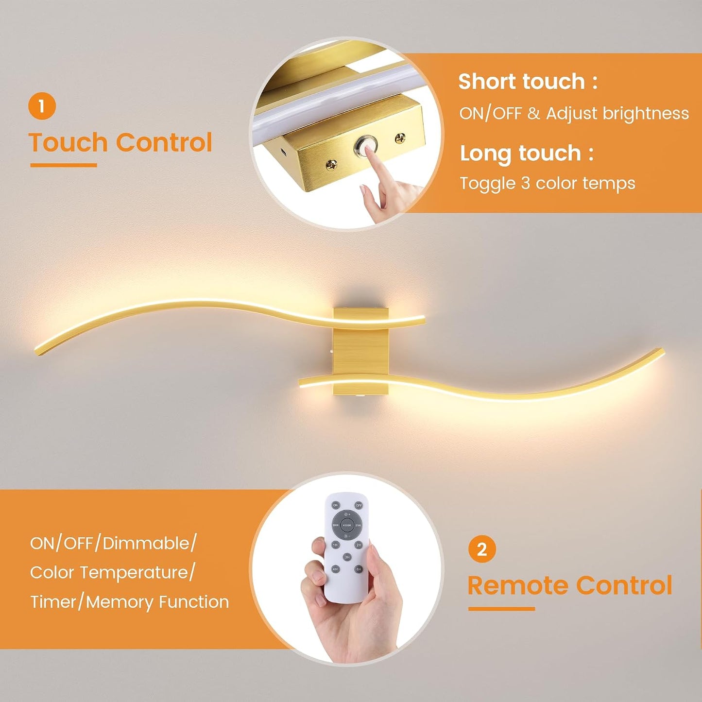 VOLISUN Battery Operated Wall Sconces Set of Two, 39.4 inch Wireless Wall Sconces, 3000K-6500K Dimmable Wall Lamps with