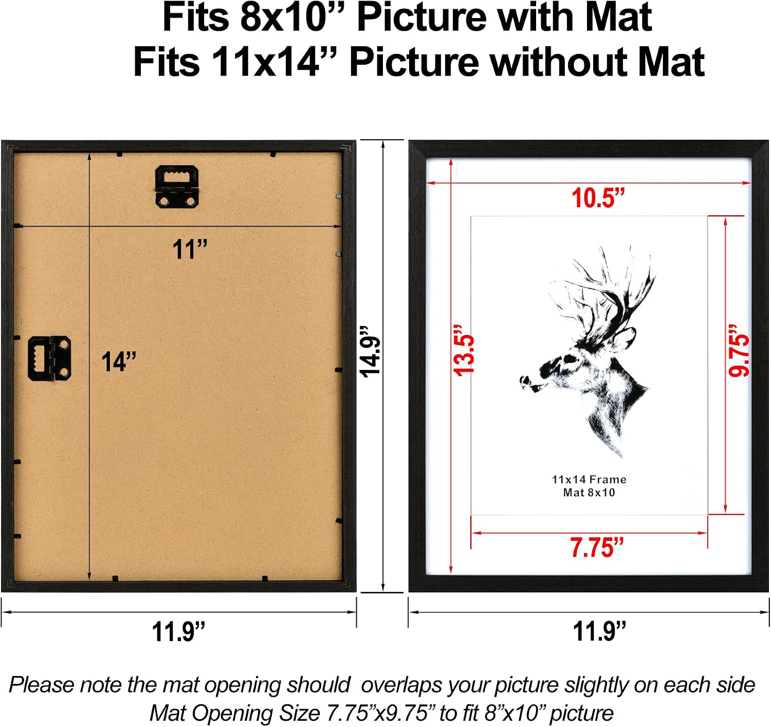 Yaetm 11x14 Black Picture Frame with Mat for 8x10 Set of 4, Solid Wood 11x14 Frames with Tempered Glass for Wall