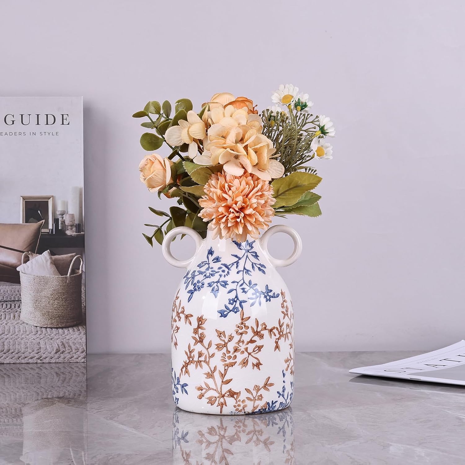 Ceramic Vase / Nordic Boho Small Vases Side Table Flower Centerpiece / Blue Floral