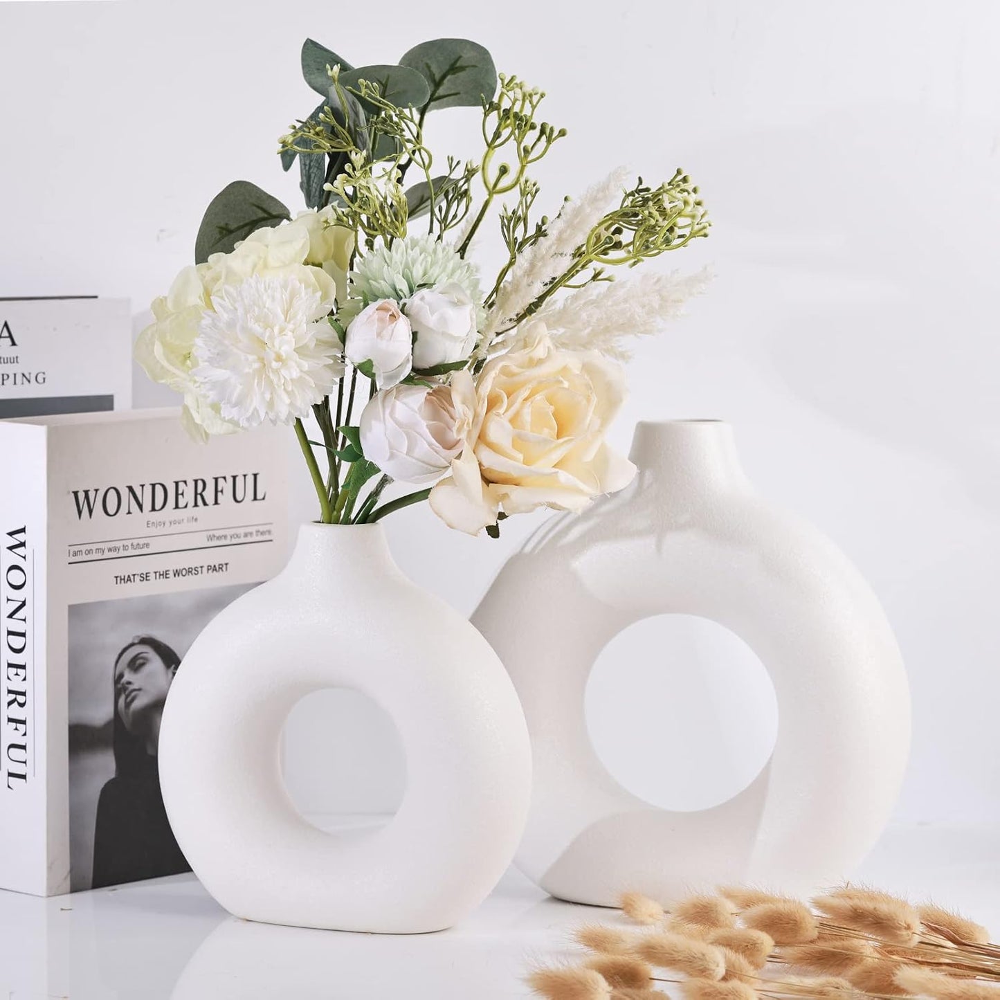 Ceramics Vase / Minimalist Nordic Hollow Donut Vase / White / Set of 2