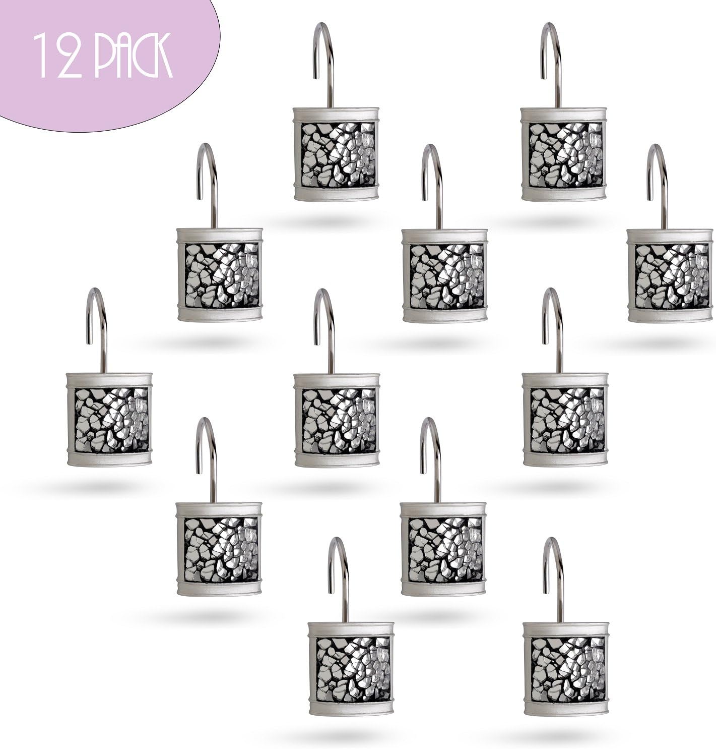 Creative Scents Silver Shower Curtain Hooks Decorative | Set of 12 | Crackled Glass Shower Curtain Rings