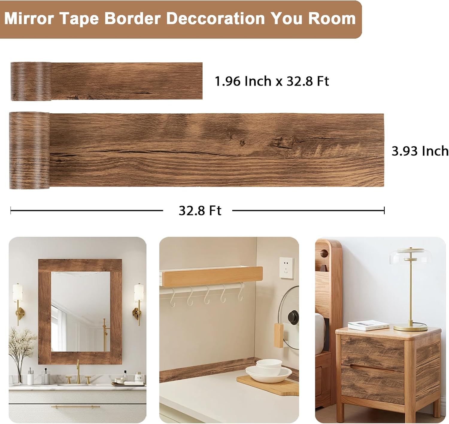 10M Wood Grain Mirror Frame Border Peel and Stick Wallpaper / 3.9 x 393 / Brown