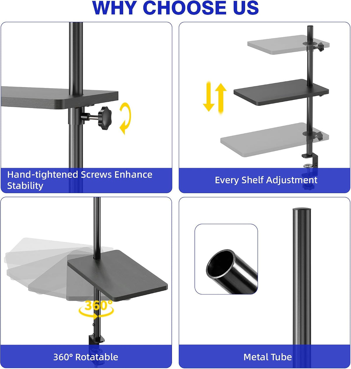 3 Tiers Clamp On Desk Shelf, 360° Angle Adjustable Desktop Shelf Organizer for Home Office Gaming Room, No Drill Desk