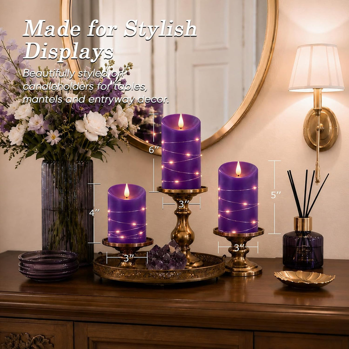 Homemory Purple Flameless Candles with String Lights, Remote Timer, 3 Pack | Flameless candles with string lights, real