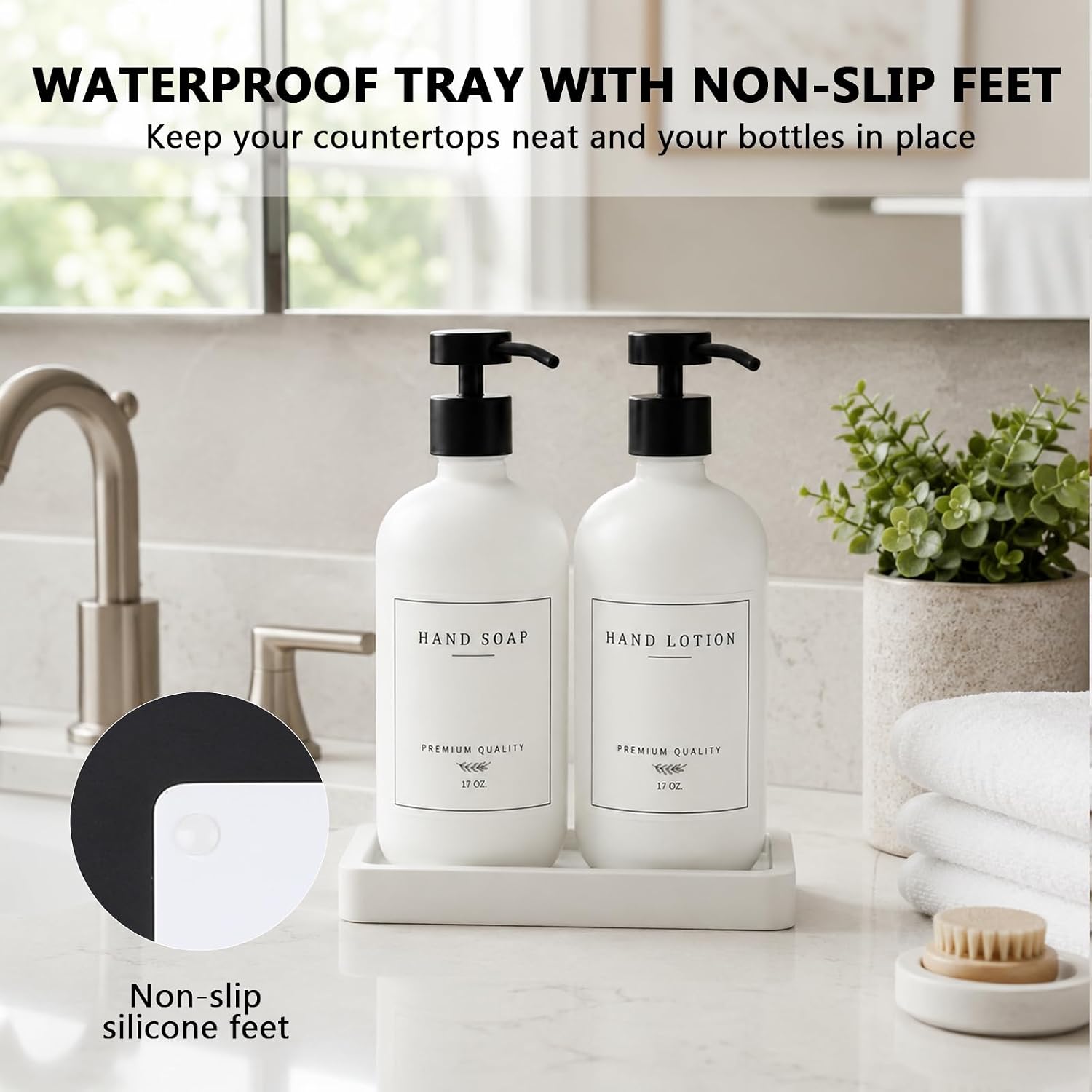 Kitchen Soap Dispenser - Hand and Dish Soap Dispenser Set, Bathroom Glass Soap and Lotion Dispenser with Pump, Tray, 14