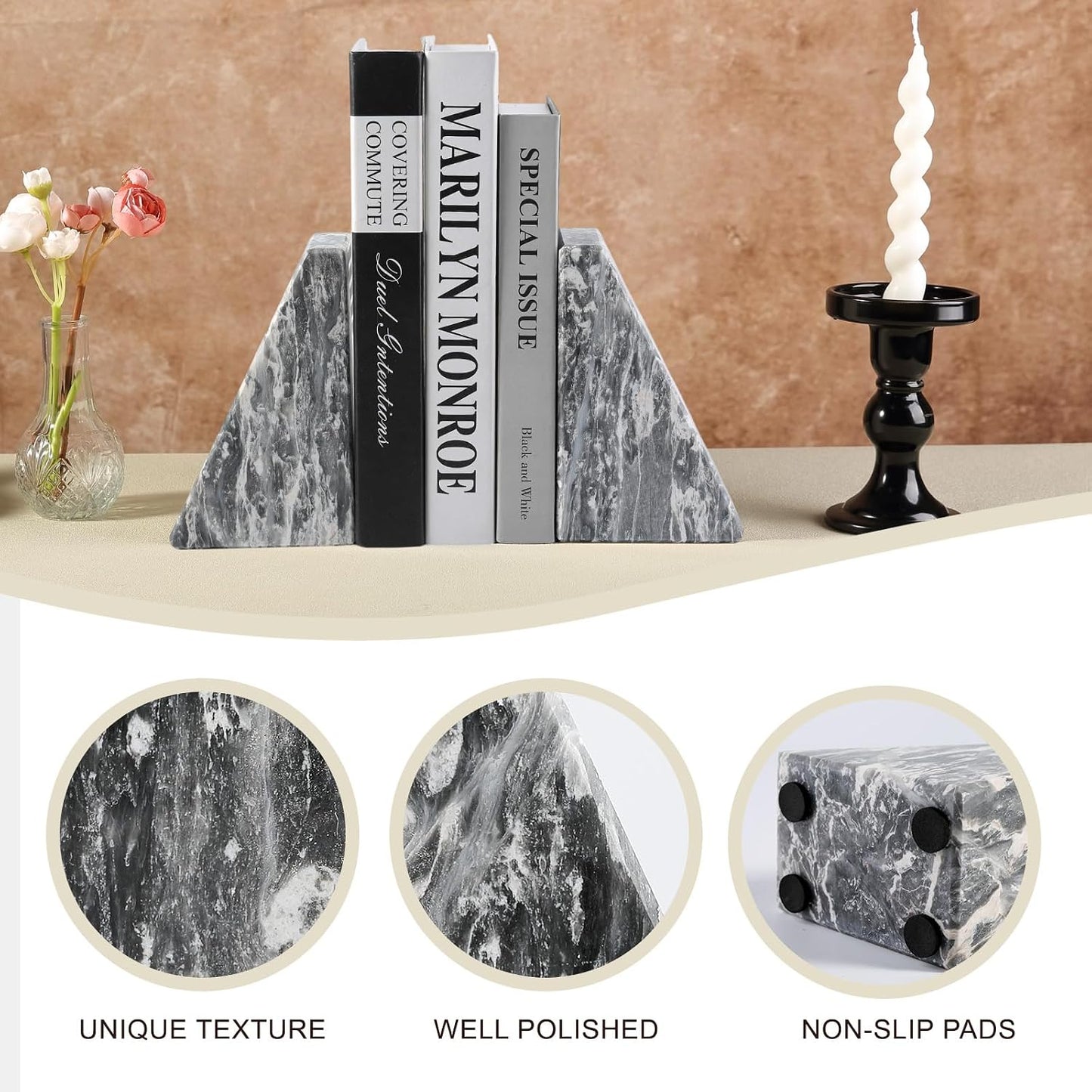 Marble Bookends / Large Bookends for Heavy Books / Gray