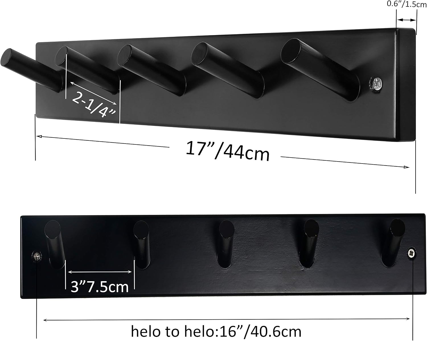 SKOLOO Coat Rack Wall Mount 17 inch, 5 Hooks, Bamboo, Shaker Style, Black | Wooden hooks for wall, painted finish