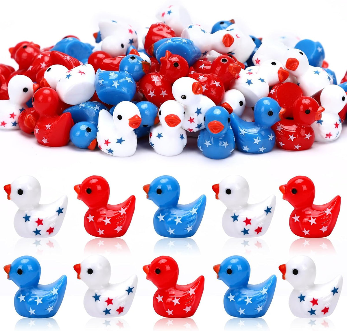 JUNEBRUSHS 50 Pcs Patriotic Ducks Mini Resin Duck 4th of July Tiny Ducks Red White Blue Miniature Ornaments for Vase Filler Jewelry Making DIY Crafts Party Gifts Decorations