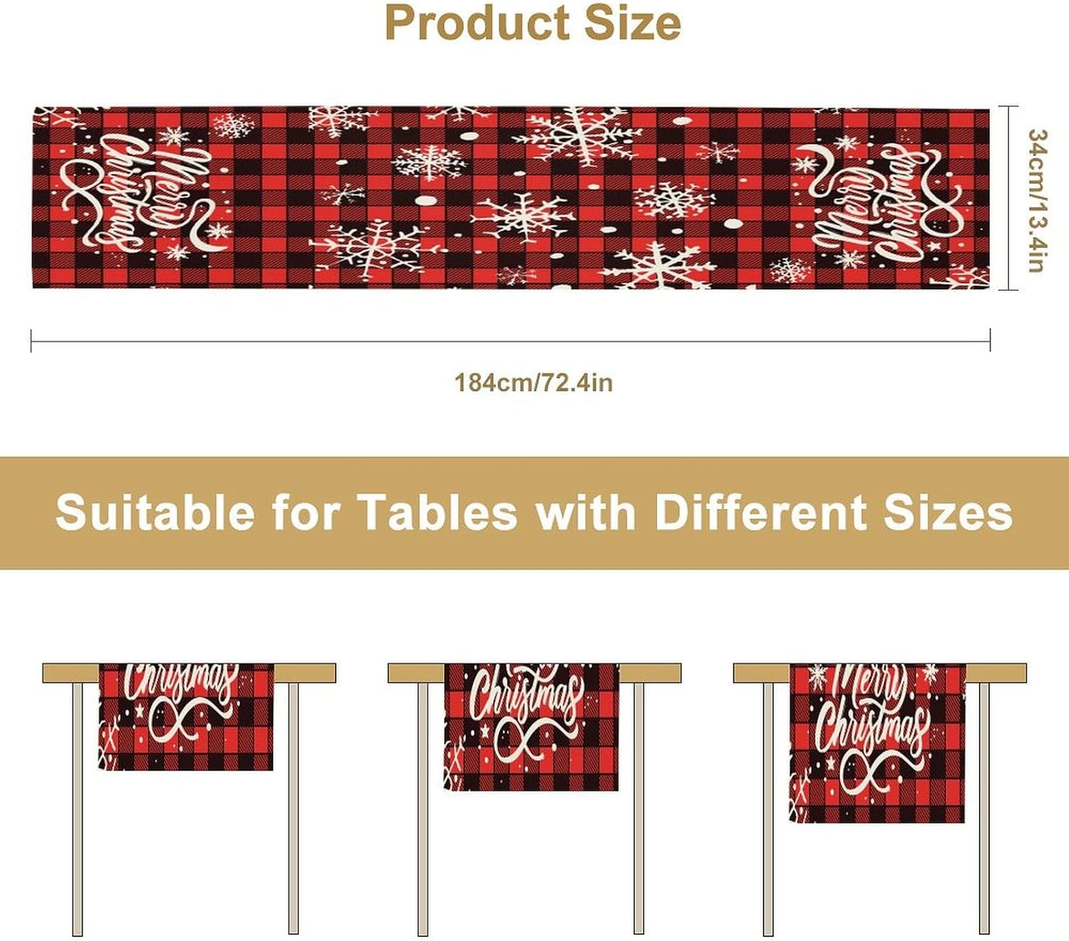 Xmas Linen Table Runner, Red and Black Buffalo Plaid Snowflake Merry Christmas Holiday Farmhouse Patterns Printed Linen