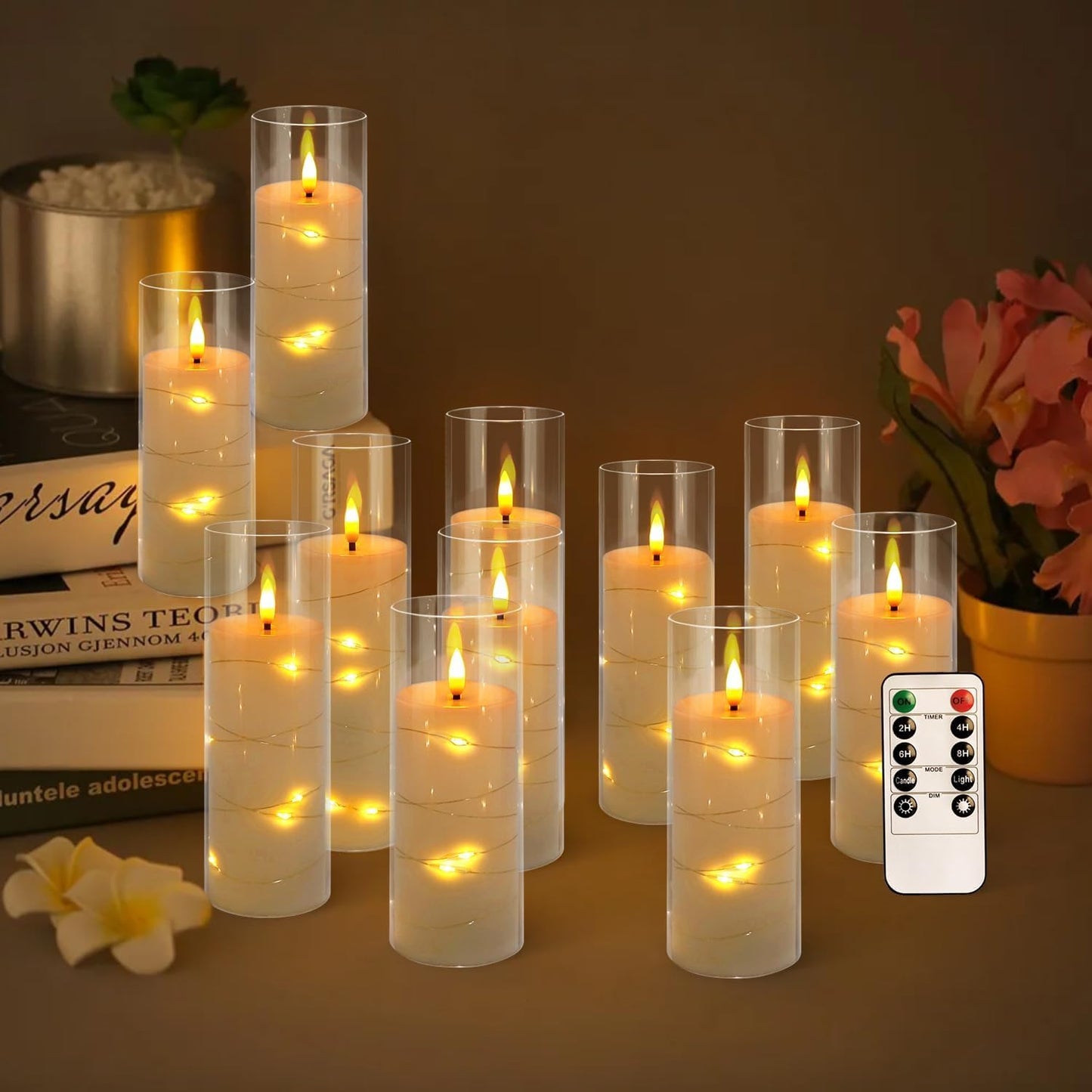 12 Pack Acrylic Flameless Candles,with Embedded Star String, Battery Operated Candles Flickering LED Pillar Candles
